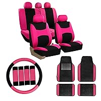 FH Group Car Seat Covers Combo Full Set with Carpet Floor Mats Steering Wheel Cover and Seat Belt Pads- Universal Fit for Cars Trucks and SUVs Pink
