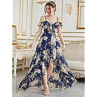 Women's Dress Cold Shoulder High Low Hem Allover Floral Dress (Color : Navy Blue, Size : Large)