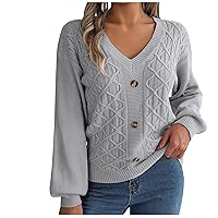 Women's V Neck Sweater Lantern Sleeve Loose Knitted Blouse Tops Trendy Fall Sweaters Cable Knit Pullover Jumper