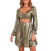 ZAFUL Women's 2023 Long Sleeve V Neck Mini Dress Smoked Back Glitter Christmas Cocktail Party Evening Dress with Ruffles Hem