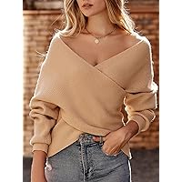 Crossover Cut Out Batwing Sleeve Sweater (Color : Apricot, Size : Small)