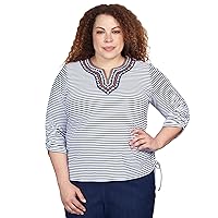 Alfred Dunner Women's Plus-Size Embroidered Split Neck Drawstring Striped Top