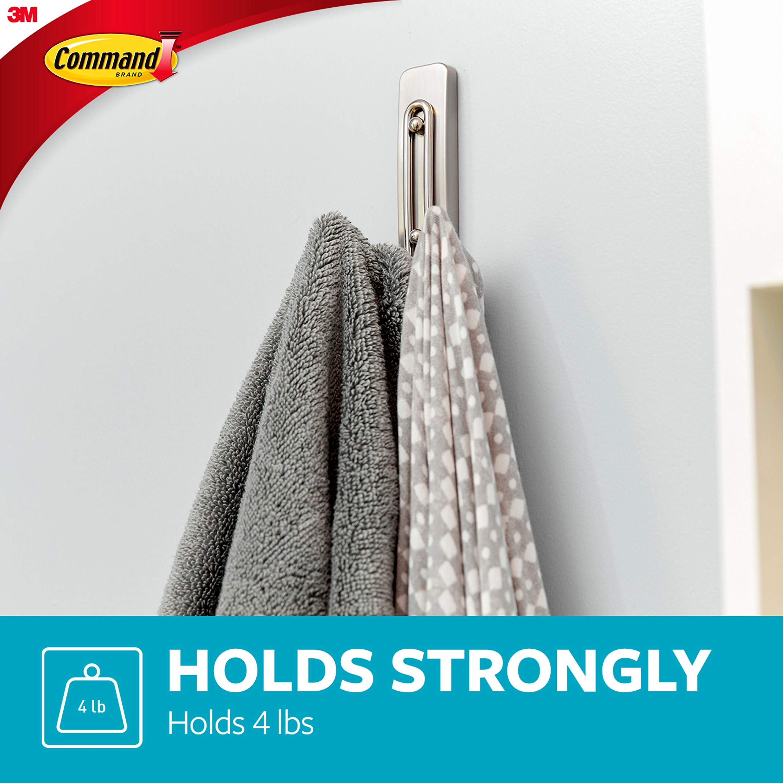 Command Large Double Bathroom Wall Hook, Damage Free Hanging Bath Hook with Adhesive Strip, Double Hook for Hanging Bath Towels, 1 Satin Nickel Colored Wall Hook and 1 Water-Resistant Command Strip, 0