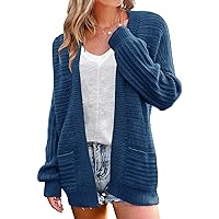 MEROKEETY Women's Puff Long Sleeve Cable Knit Cardigan Sweaters Open Front Outwear with Pockets