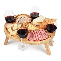 Tirrinia Portable Picnic Table with 4 Wine Glasses Holder, Functional Bamboo Snack Tray Table -Foldable for Party, Picnic, Camping, Beach (15.7