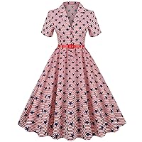 XJYIOEWT Summer Dresses for Women 2024 Vacation Short Sleeve,Women Vintage 1950s Retro Short Sleeve V Neck Flag Print Pa