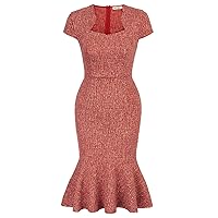 Womens Vintage Cap Sleeve Tweed Fishtail Pencil Dress Formal Casual Dresses Red