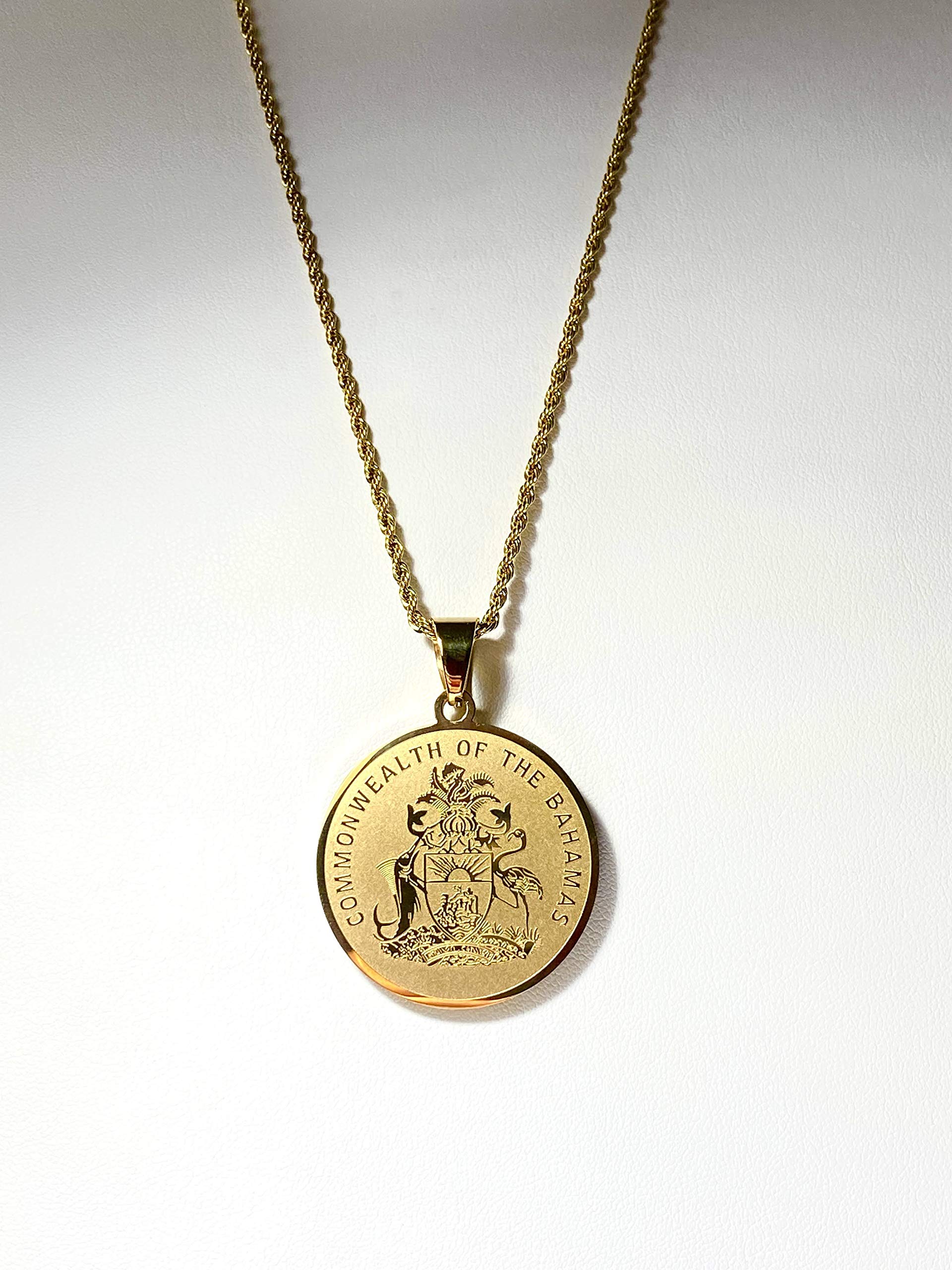 Men Women 925 Italy 14k Gold Finish Round Bahamas Coin Common Wealth Of Bahamas Peso money Gold Coin Pendant Stainless Steel Real 2.5 mm Rope Chain Necklace, Chain Pendant Rope Necklace