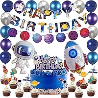 Outer Space Party Decorations Set includes Astronaut Balloon, Rocket Balloon, Solar System Planet Birthday Banner, Cake and Cupcake Toppers, Galaxy Birthday Party Supplies for Boys Space-Themed Birthday.