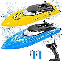 2-Pack High-Speed RC Boats for Pools and Lakes - 10km/h 2.4G Remote Control Boats for Kids and Adults, Fast RC Boats with 4 Rechargeable Batteries (Blue+Yellow)