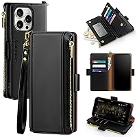 Antsturdy Compatible with iPhone 15 Pro Max Wallet Case,【RFID Blocking】 PU Leather Phone Case Women Men with Card Holder Flip Cover Wrist Strap Zipper Credit Card Slots for Apple 15 Pro Max,Black