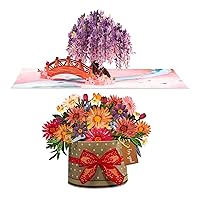 Paper Love Frndly Pop Up Cards 2 Pack - Includes 1 Wisteria and 1 Box of Flowers, For All Occasion, 100% Eco-Friendly, Includes Envelope and Note Tag