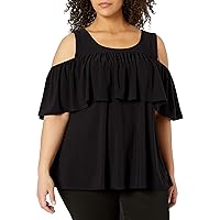 Star Vixen Women's Plus-Size Off/Cold Shoulder Dramatic Ruffle Peasant Top