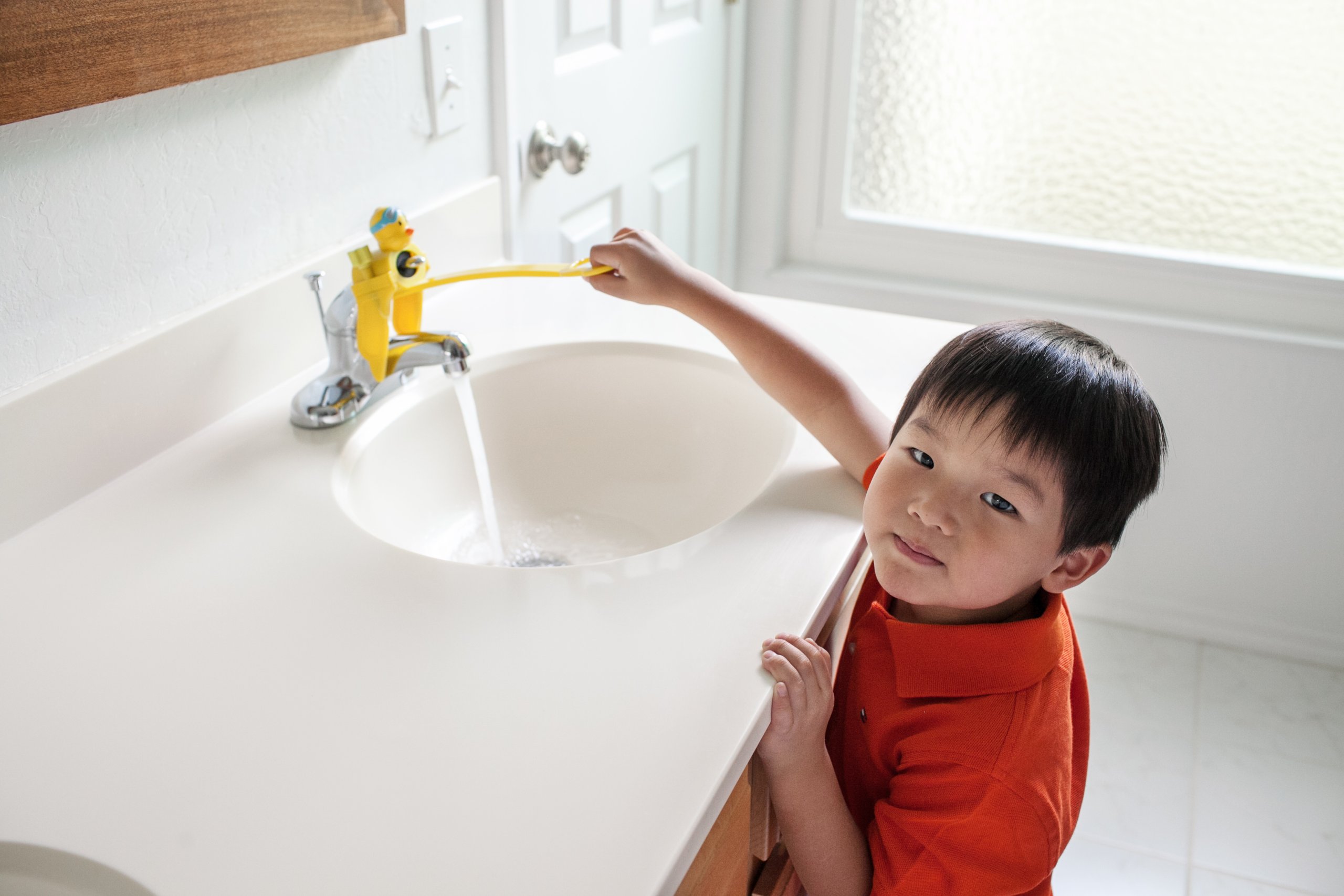 Aqueduck Faucet Handle Extender. A Safe Fun, Kid Friendly Hand Washing Solution. Connects to Sink to Make Washing Hands Fun and Teaches your Baby or Child Good Habits (Single Handle Faucets. Yellow)