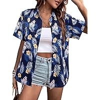 NANYUAYA Womens Hawaiian Shirts Boho Open Front Soft Cool V Neck Short Sleeve Tropical Button Up Blouses Tops