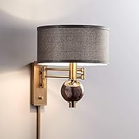 360 Lighting Richford Modern Swing Arm Wall Lamp Polished Brass Marbled Glass Sphere Plug-in Light Fixture Taupe Drum Shade for Bedroom Bedside House Reading Living Room Home Hallway Dining