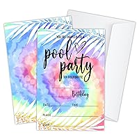 Set of 20 Birthday Invitation Cards with Envelopes for Kids, Tie Dye Pool Birthday Party Invitation Card for Boys or Girls, Summer Swimming Pool Theme Party Supplies, Fill-in Invites - JY324
