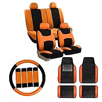 FH Group Car Seat Covers Combo Full Set with Carpet Floor mats Steering Wheel Cover and Seat Belt Pads- Universal Fit for Cars Trucks and SUVs (Orange)