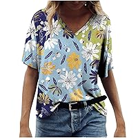 Tops for Women Summer Fall Short Sleeve V Neck Daisy Floral Graphic Loose Fit Long Tops Shirt Blouse Women 2024