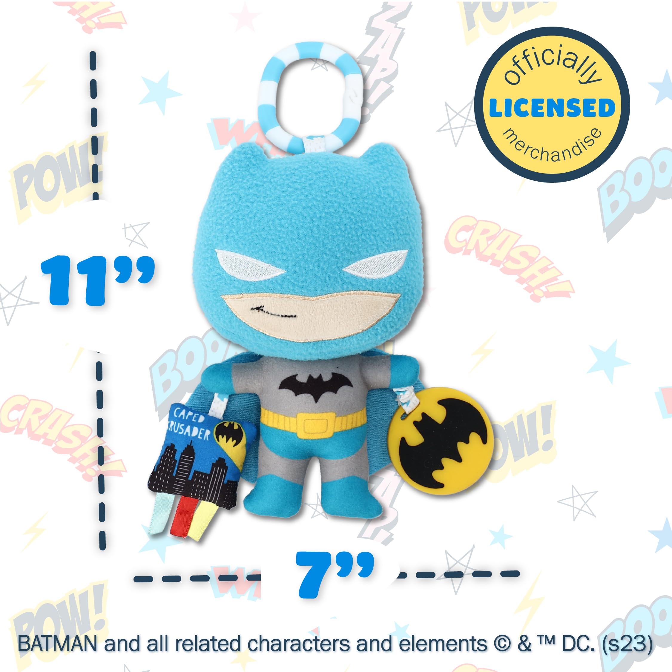 KIDS PREFERRED DC Comics The Batman Multi Sensory Activity Toy with Teethers, Crinkle Textures, and Clip for On The Go Fun for Infant and Baby Boys and Girls