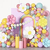 Amandir 162Pcs Daisy Balloon Garland Arch Kit, White Groovy Flower Pastel Pink Yellow Blue Green Purple Balloons Daisy Banner for Birthday Baby Shower Bridal Wedding Two Groovy Boho Party Decorations