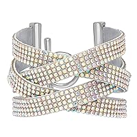 Badgley Mischka Women's Bracelet - Layered Multi Strand Crystal Crossover Toggle Open Cuff Bangle Bracelet