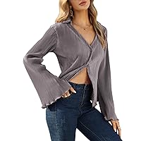 KOJOOIN Women V Neck Blouse Long Bell Sleeve Shirts Collared Button Down Y2k Crop Tops Casual Tunic Top