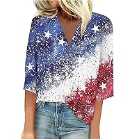 Fourth of July Outfit Women, 3/4 Sleeve Tops for Women Independence Day Shirt Women's 3/4 Sleeve Tshirt Women's Summer Trendy V-Neck Tops 2024 Shirt Print Slim Daily Blouse Loose (Deep Red,L)