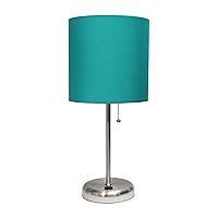 Simple Designs LT2044-TEL Brushed Steel Stick Table Desk Lamp with USB Charging Port and Drum Fabric Shade, Teal Shade