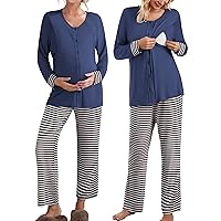 Ekouaer Maternity Nursing Pajama Set Long Sleeves Breastfeeding Loungewear Soft Hospital Pregnancy Striped Maternity Pjs Set Navy Blue Striped XL