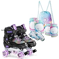 SULIFEEL Adjustable Roller Skates for Girls with Rainbow Unicorn Knee Pads Color Black