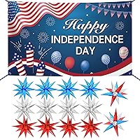 XtraLarge, Happy Independence Day Banner - 72x44 Inch | Big Silver Blue and Red Star Balloons Metallic for 4th of July Decorations | USA Themed Star Balloon | Spike star Balloons for Independence Day