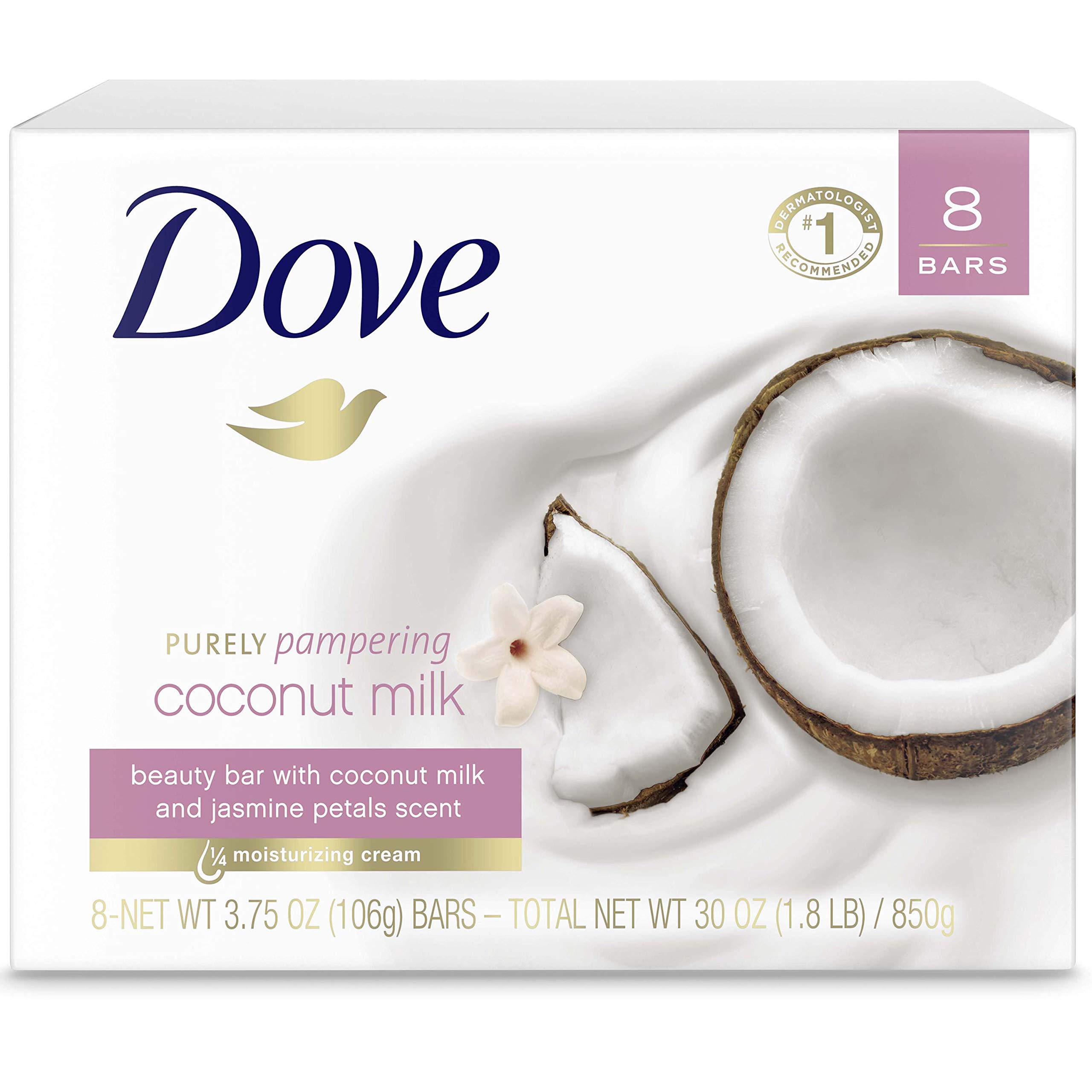 Dove Purely Pampering Beauty Bar More Moisturizing Than Traditional Bar Soaps Coconut Milk Made With 1/4 Moisturizing Cream 3.75 oz, 8 Bars