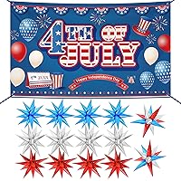 XtraLarge, 4th of July Banner - 72x44 Inch | Big Silver Blue and Red Star Balloons for 4th of July Party Decorations | Point Star Cone Balloons for Independence Day Decorations | Patriotic Backdrop