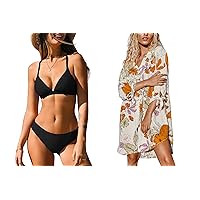 CUPSHE Women Bikini Set with Floral Shirt Dress Cover Up, S