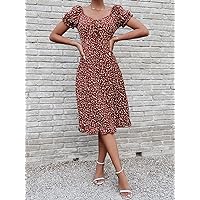 Summer Dresses for Women 2022 Tie Front Puff Sleeve Ruffle Hem Plants Print Dress Dresses for Women (Color : Rust Brown, Size : Small)