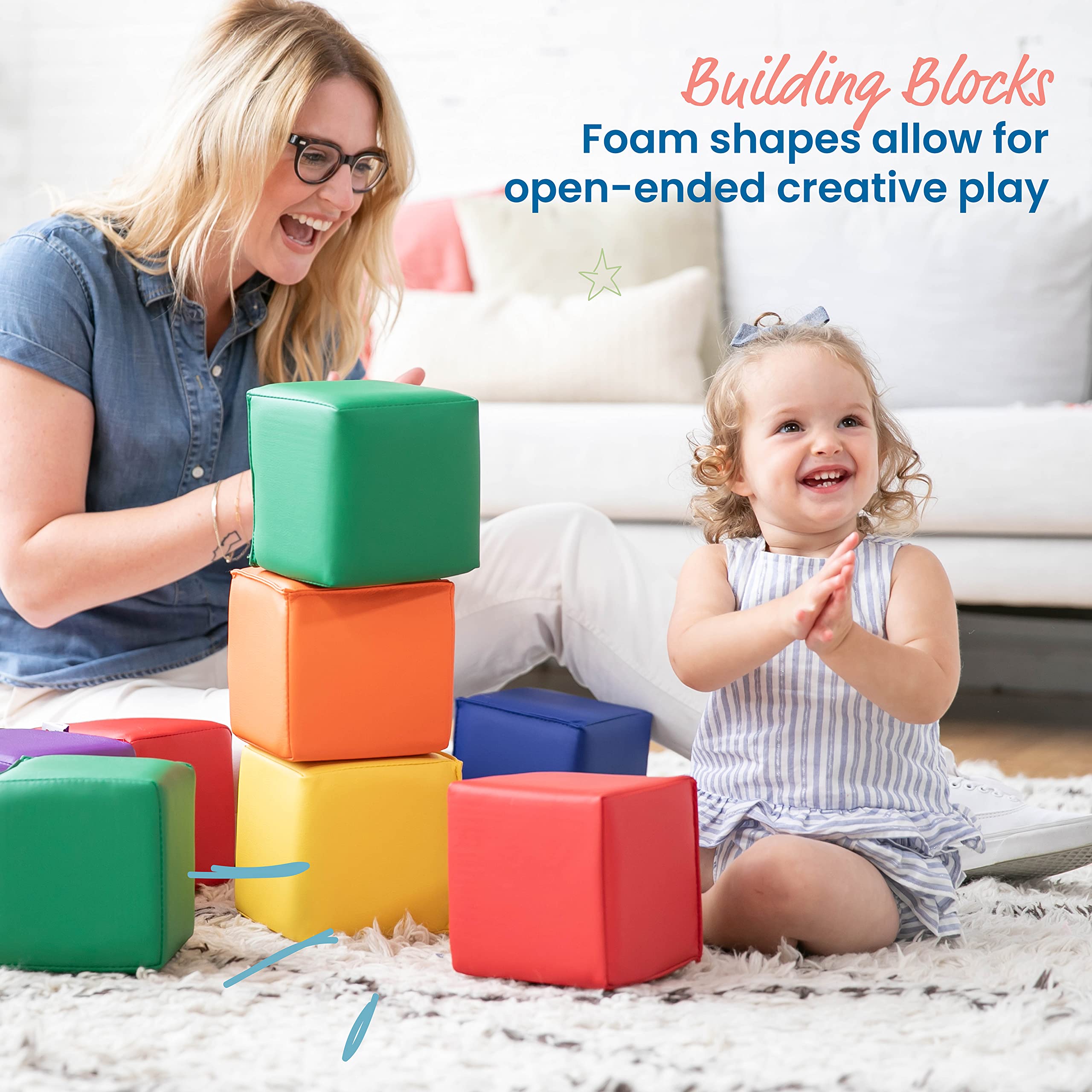 ECR4Kids SoftZone Patchwork Toddler Building Blocks, Foam Cubes, Assorted, 12-Piece