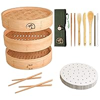 3-Piece Bamboo Steamer Basket with Lid 10-inch 2-Tier, 50 Perforated Steamer Liners with 2-Pairs of Bamboo Chopsticks and 9-Piece Bamboo Utensils Set Virtual Bundle