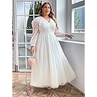 KAILAI Dress Plus Lace Trim Polka Dot Dress (Color : White, Size : X-Large)