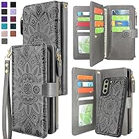 Harryshell Detachable Magnetic Zipper Wallet Leather Case with Cash Coin Pocket 12 Card Slots Holder Wrist Strap Lanyard Compatible with Samsung Galaxy S21 FE 5G (2022) Flower (Gray)