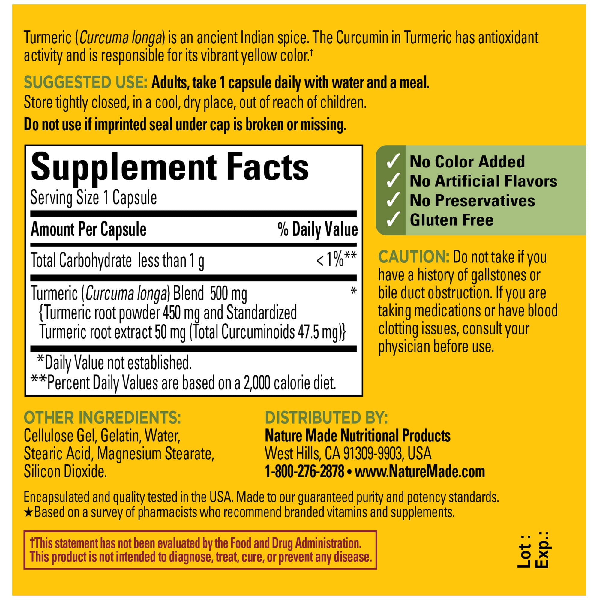 Nature Made Turmeric Curcumin 500 mg, Herbal Supplement for Antioxidant Support, 60 Capsules, 60 Day Supply