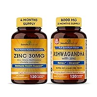Sandhu Herbals Zinc 30mg Supplement and Organic 4 in 1 Ashwagandha Capsules with Zinc| Supports Healthy Skin, Immune System, Stress Relief, Mood, & Energy Support| Non-GMO, Made in USA
