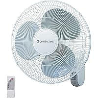 Comfort Zone Oscillating Wall Mount Fan with Remote Control, Timer, Auto Shut Off, Adjustable Tilt, Quiet, 16 inch, 3 Speed, Ideal for Home, Bedroom, Gym & Office, Airflow 14.07 ft/sec, CZ16WR