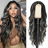 NAYOO Long Black Mixed Blonde Wavy Wig for Women 26 Inch Middle Part Curly Wavy Wig Natural Looking Synthetic Heat Resistant Fiber Wig for Daily Party Use (Black Mixed Blonde)