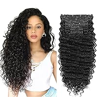 Clip in Hair Extensions Synthetic hair Clip in 140G 7Pcs/Lot Japanese Heat Resistant Fiber Hairpieces Deep Wave/ Body Wave/Straight hair (Deep Wave, Natural Black 1B#)(24 Inch (Pack of 7))