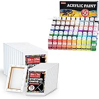 Shuttle Art Stretched Canvas and Acrylic Paint Bundle, Art Painting Supplies Set for 50 Colors Acrylic Paint Bottles (60ml/2oz) & 20 Pack Painting Canvas (5x7”, 8x10”)