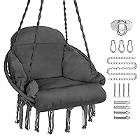 Hammock Chair, Macrame Hanging Swing Chair with Large Padded Cushion and Hardware Kits, Max 250 Lbs, Hanging Cotton Rope Chair for Indoor, Outdoor, Bedroom, Patio, Porch, Garden (Grey)