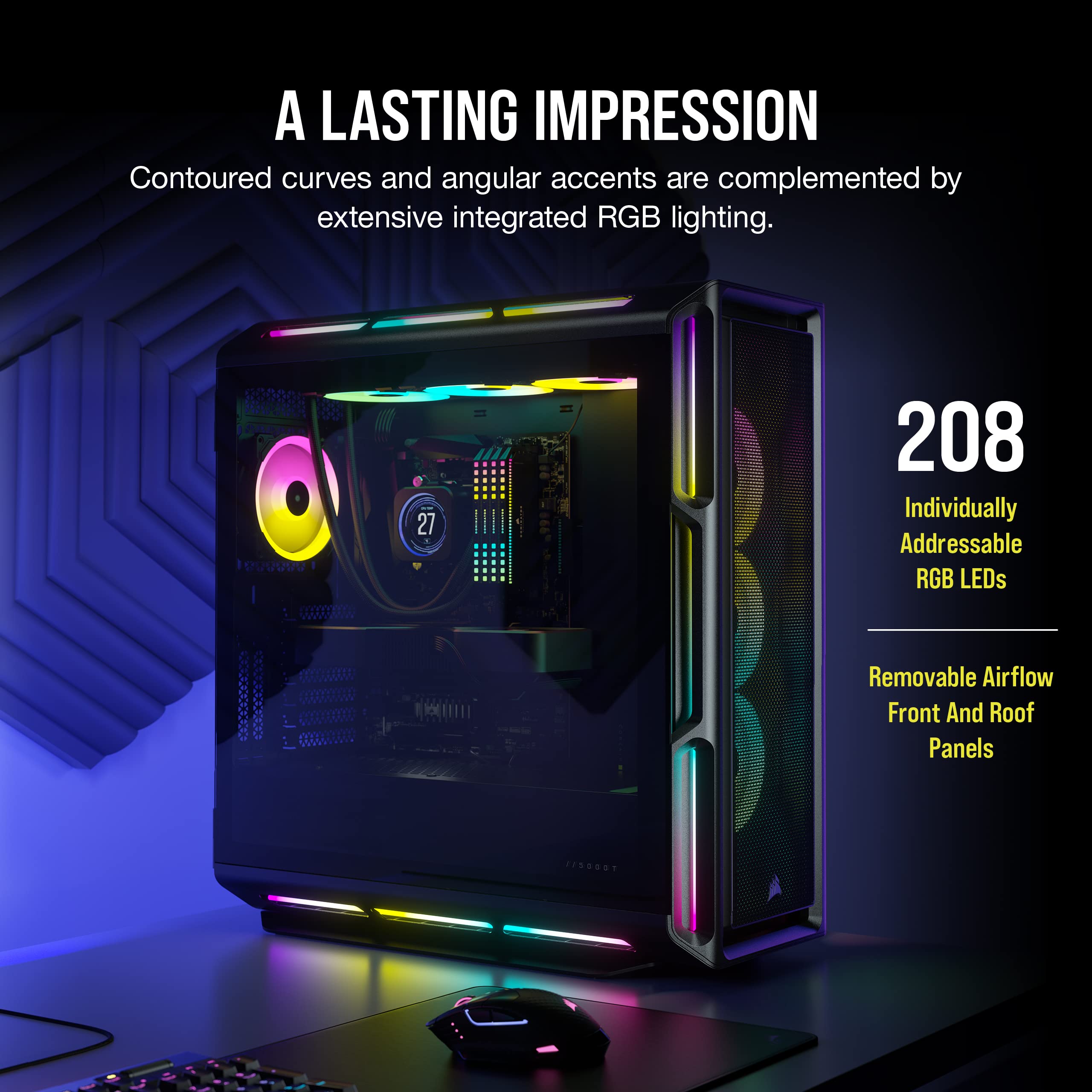 CORSAIR iCUE 5000T RGB Mid-Tower ATX PC Case-208 Individually Addressable RGB LEDs-Fits Multiple 360mm Radiators-Easy Cable Management-3 Included CORSAIR LL120 RGB Fans