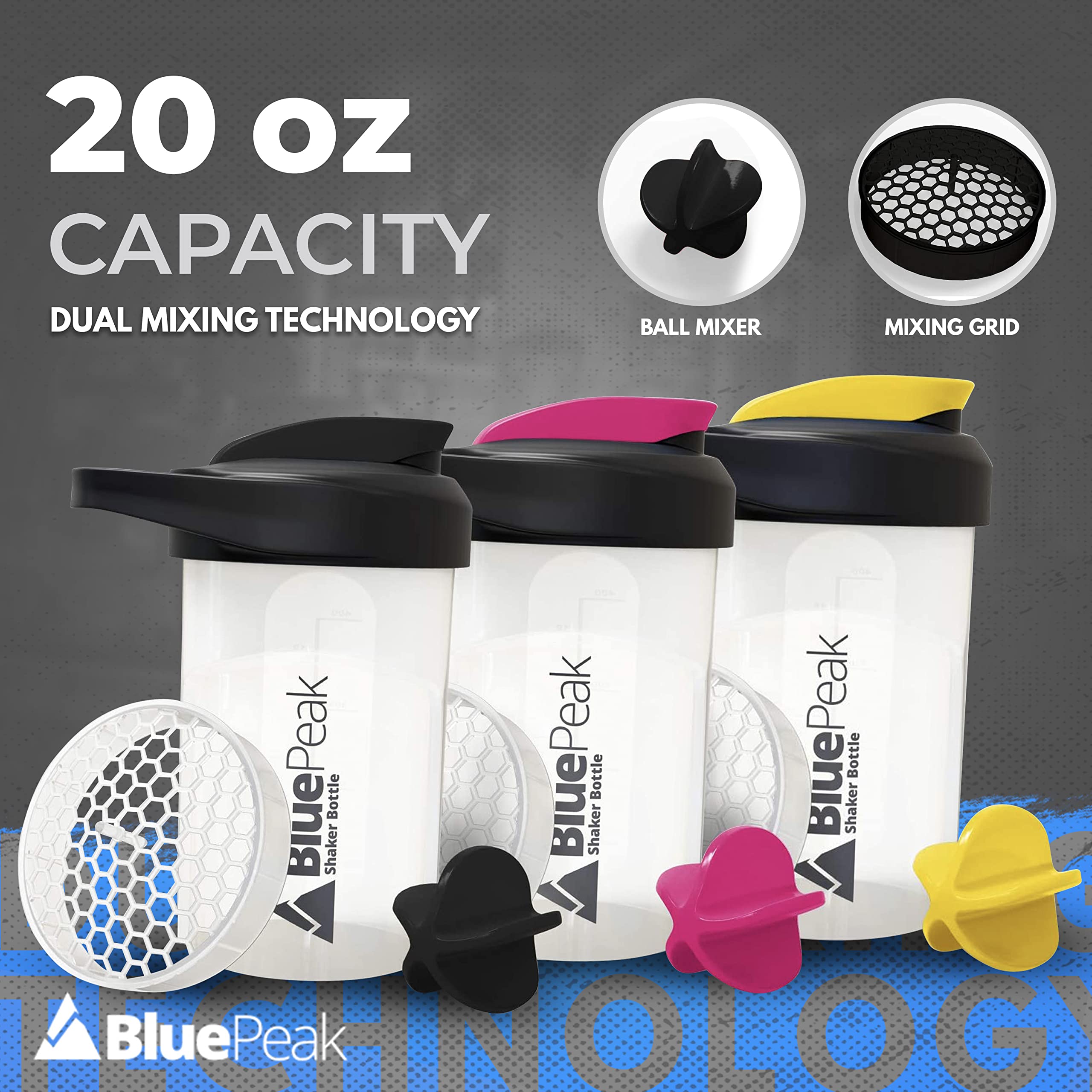 BluePeak Protein Shaker Bottle 20 oz with Dual Mixing Technology, Strong Loop Top, BPA Free, Shaker Balls & Mixing Grids Included - On-The-Go Small Protein Shakers (3 Pack - Black, Yellow, Pink)