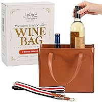 PU Leather Wine Bottle Carrier Bag - Insulated Wine Bag to Store & Carry up to 3 Bottles for Travel, Picnics & Parties - Wine Tote Bag Buckle & Zipper Closure Sleeve Dividers - Brown
